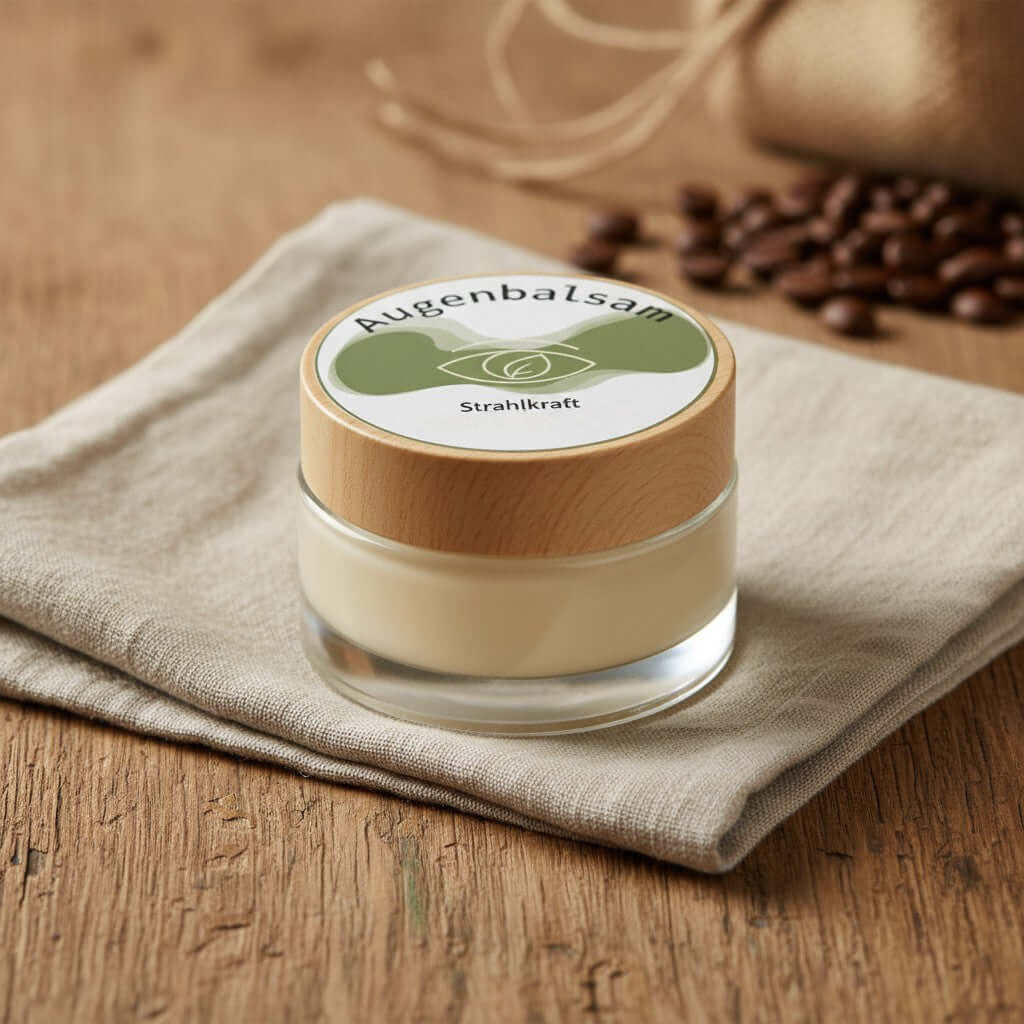 Augenbalsam in gläsernem Behälter auf einem rustikalen Tisch mit natürlichem Dekor.
