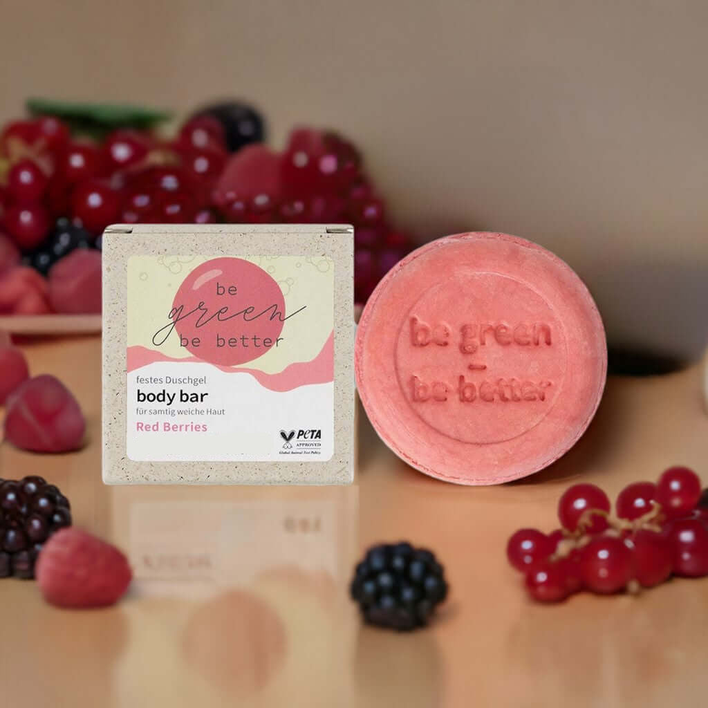 Festes Dusche Body Bar Red Berries mit Graspapierverpackung