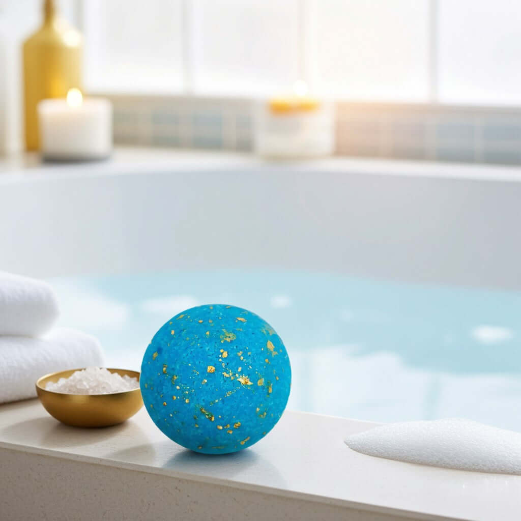 Blaue Badekugel auf Badewanne