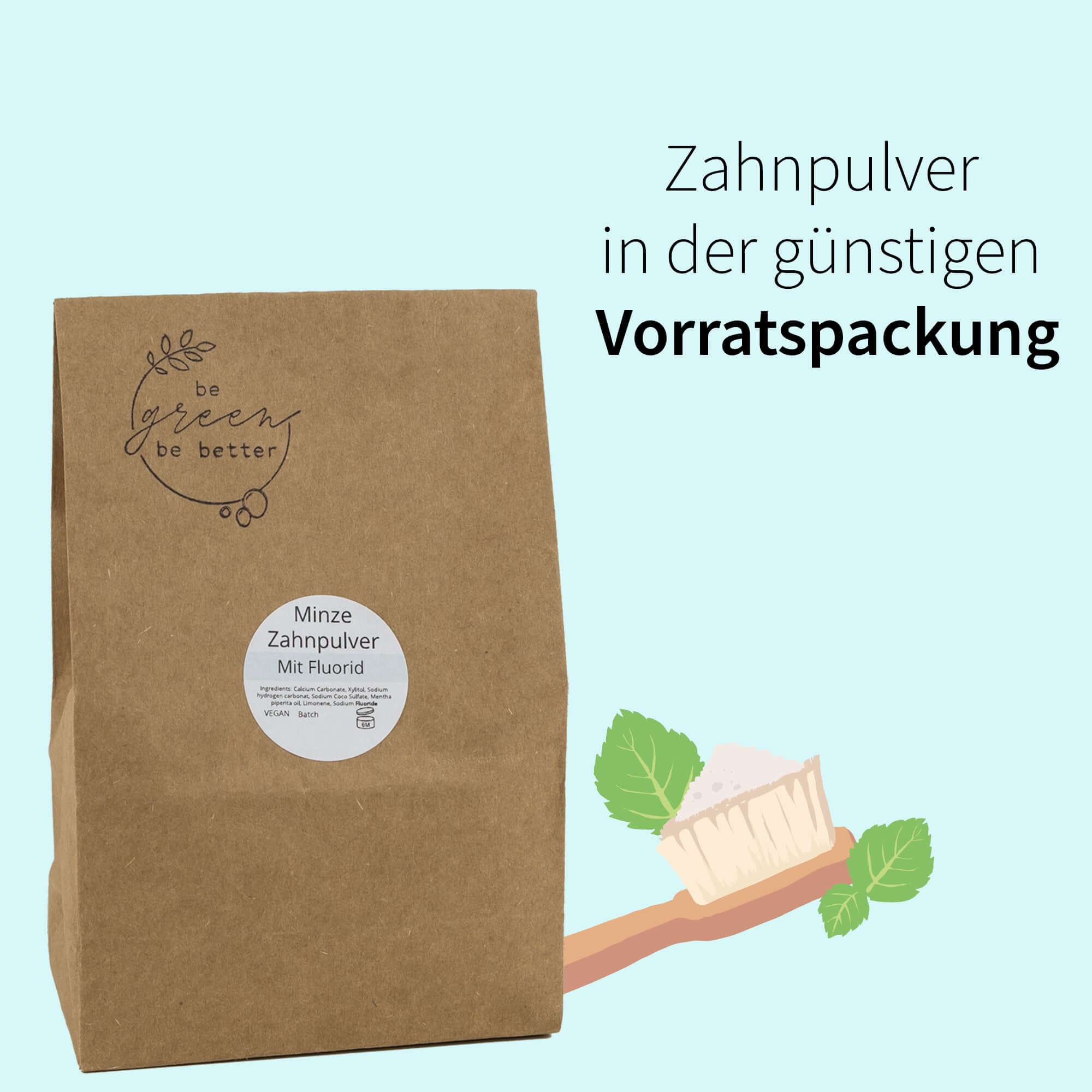 Zahnpulver Minze in Papiertüte als Vorratspackung in Papiertüte