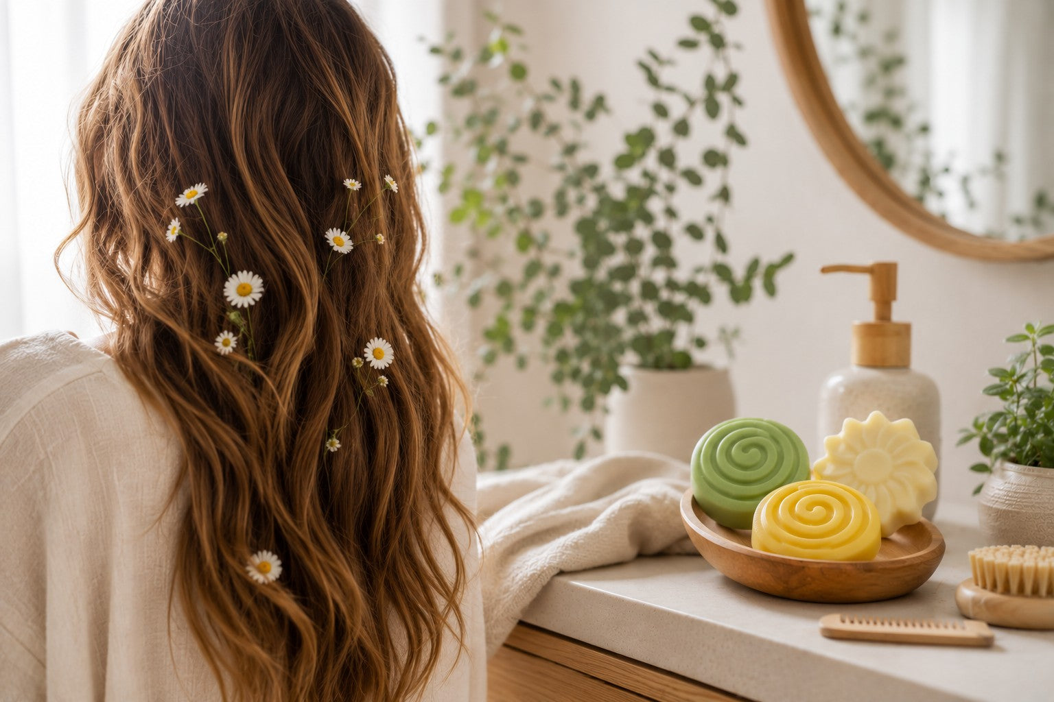 Frau mit langen Haaren und festen Shampoos im natürlichen Badezimmer