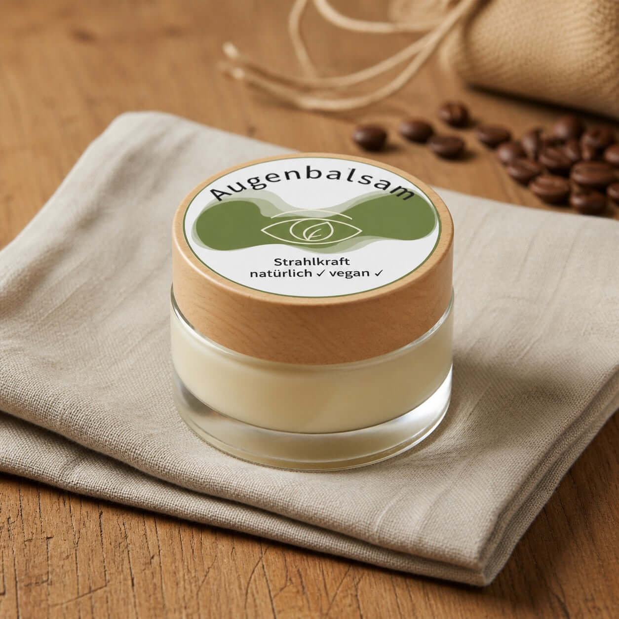 Augenbalsam (Bio) in gläsernem Behälter auf einem rustikalen Tisch mit natürlichem Dekor.