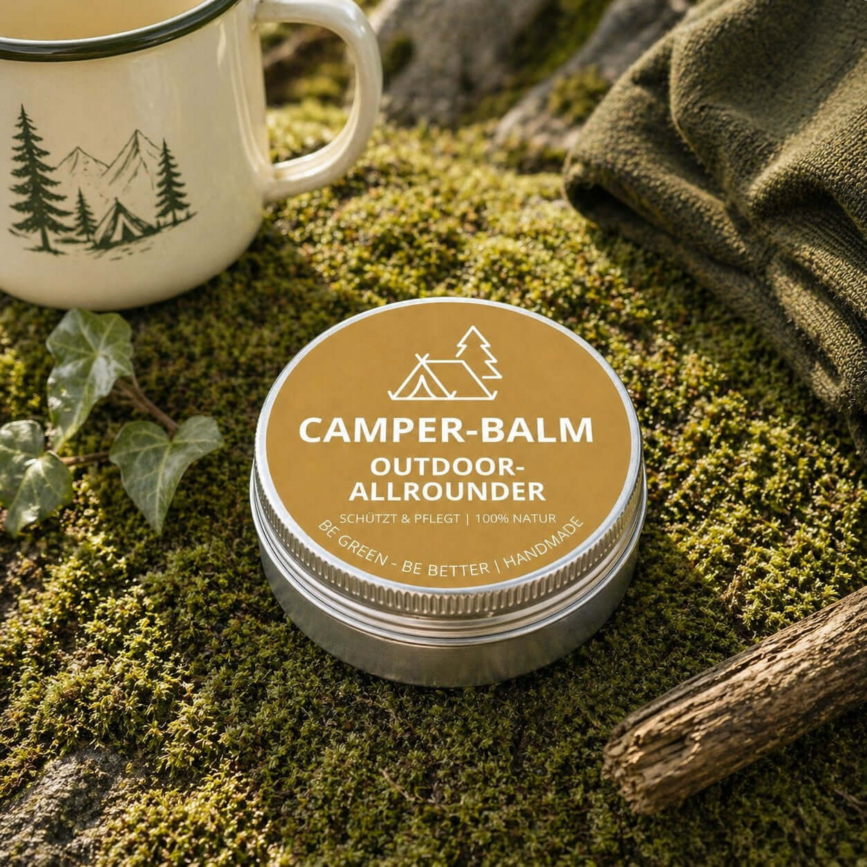 Camper Balm zur Pflege trockener Haut beim Camping, Wandern und Outdoor-Aktivitäten