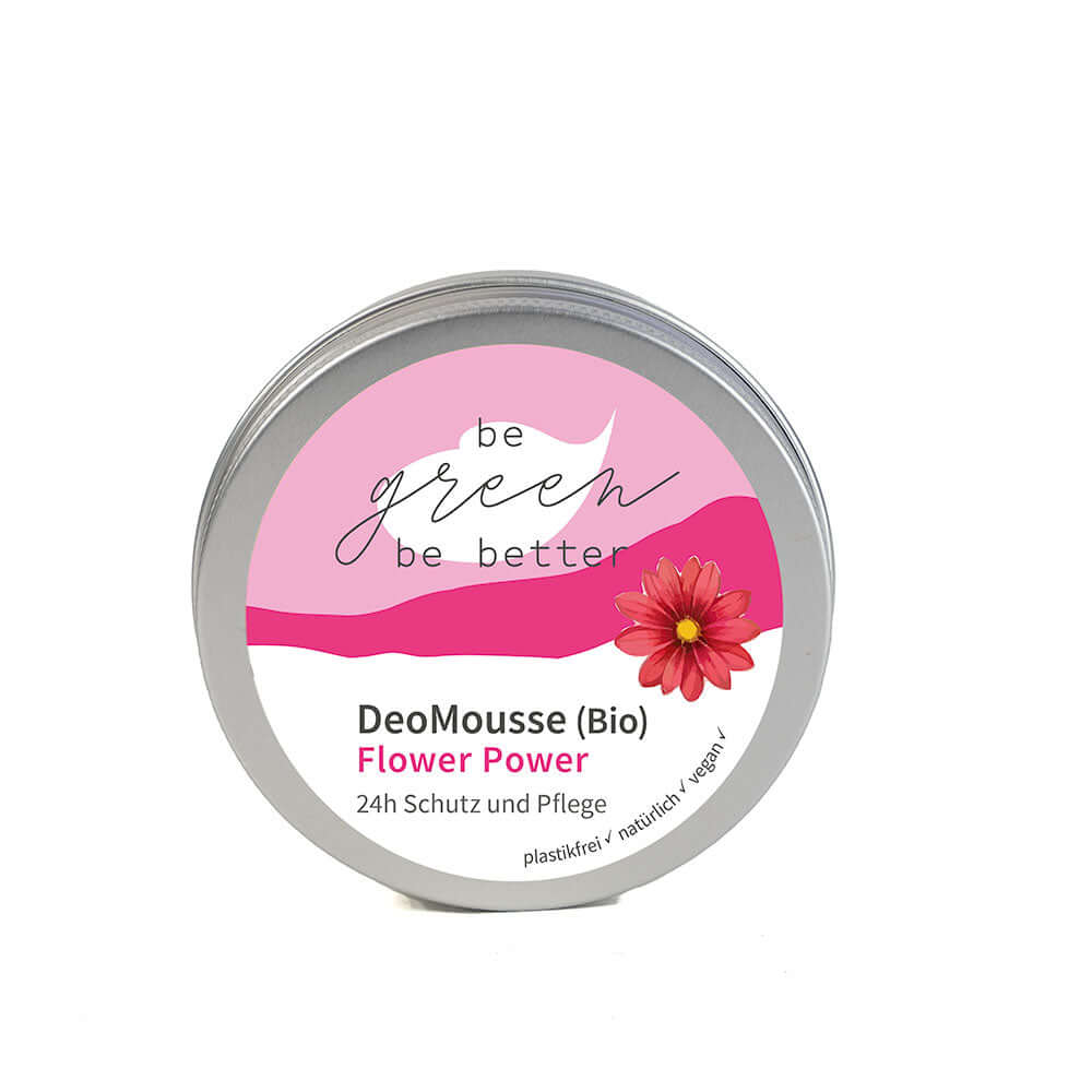 DeoMousse Flower Power Bio Dose mit pinkem Design und Blume in Blechdose