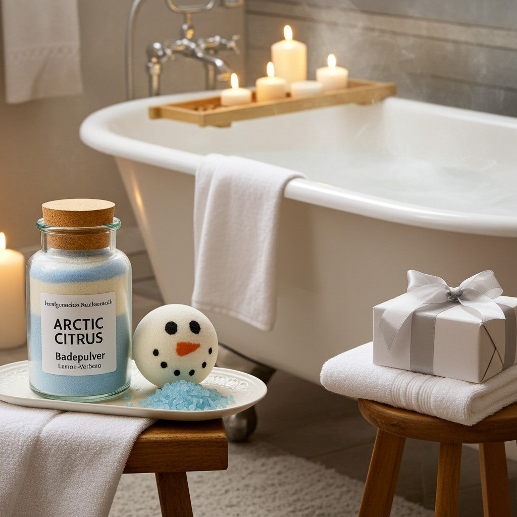 Badepulver und Badekugeln mit Badewanne