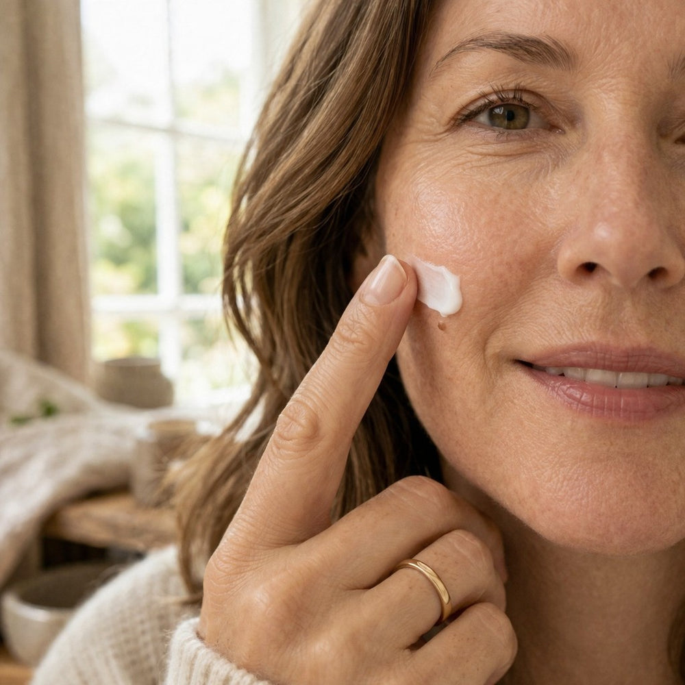 Natürliche Gesichtscremes aus der Naturkosmetik Manufaktur Frau cremt Gesicht