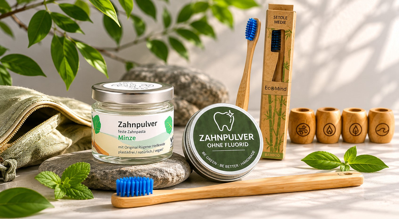 Plastikfreie Zahnpflege mit Zahnpulver, Bambuszahnbürste und nachhaltigem Zubehör