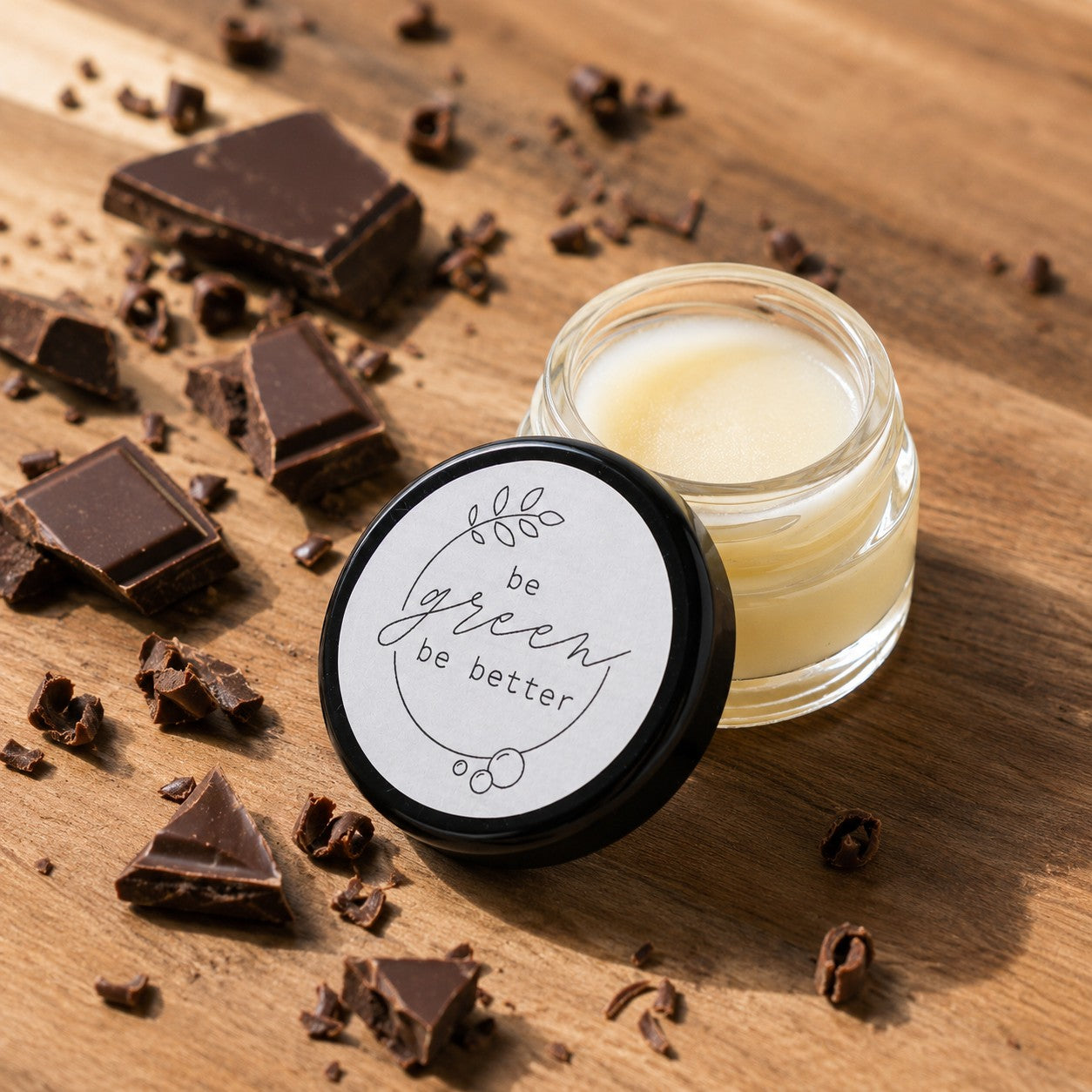Lip Balm Schokolade (Bio) in Glastiegel mit Schokoladenstücken auf Holzuntergrund.