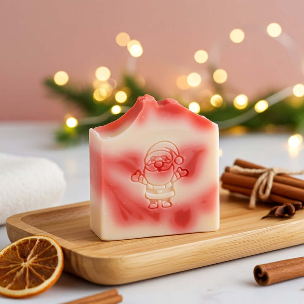 Handgemachte Weihnachtsseife auf Bambusseifenablage